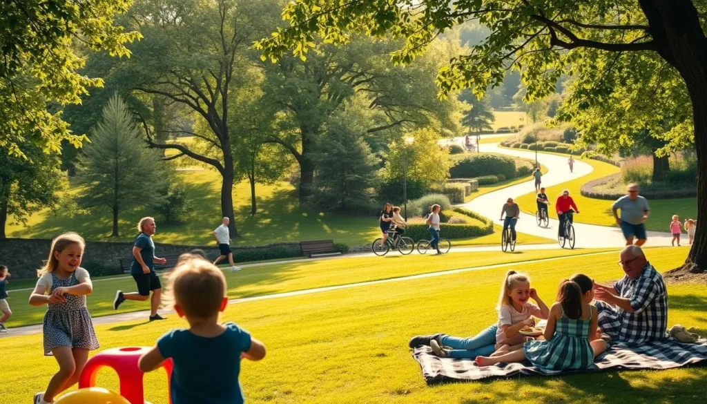 A lush, verdant park on a sunny day, with families engaged in a variety of activities. In the foreground, children play on a colorful playground, their laughter echoing through the air. In the middle ground, a group of friends picnicking on a plaid blanket, enjoying a tasty meal together. In the background, joggers and cyclists navigate the winding paths, taking in the serene beauty of the park's landscaping. Warm, diffused lighting filters through the canopy of trees, creating a welcoming and tranquil atmosphere. Capture the essence of quality family time in this vibrant, family-friendly setting.