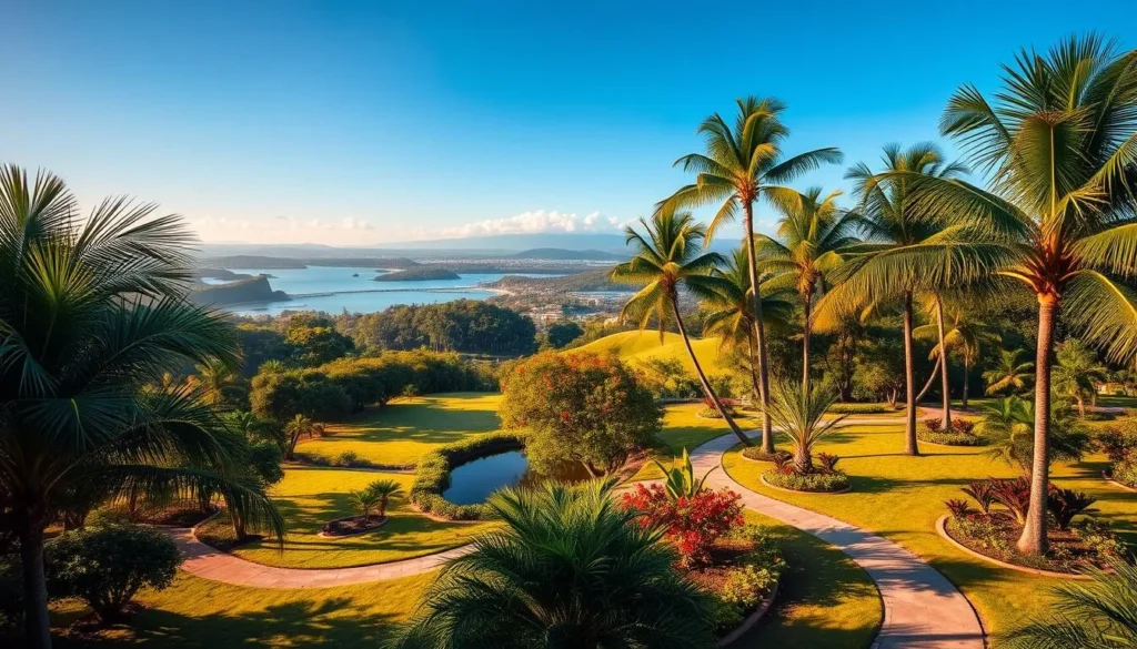 A lush, verdant park set against the backdrop of the stunning Ilha de Paqueta landscape. Capture the panoramic vistas of the park's rolling hills, dotted with towering palm trees and vibrant tropical foliage. Showcase the winding pathways that invite exploration, leading visitors through hidden gems like tranquil ponds and intimate seating areas. Bathe the scene in warm, golden sunlight, casting a serene glow across the scene. Render the park in crisp, photorealistic detail, with a depth of field that emphasizes the foreground's inviting charm while hinting at the breathtaking views beyond.