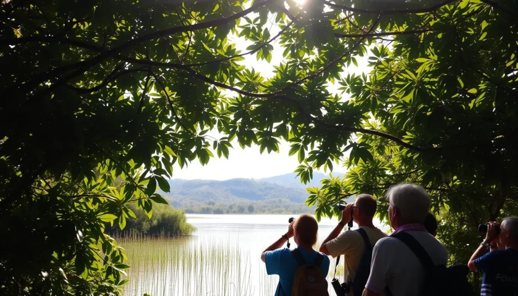 A lush, verdant rainforest canopy with sunlight filtering through the leaves, casting a warm glow over a peaceful lake in the Brokopondo region of Suriname. In the foreground, a group of avid birdwatchers armed with binoculars and cameras, their attention focused on the vibrant feathered creatures darting among the branches. The middle ground reveals a tranquil shoreline, dotted with tall reeds and reflecting the surrounding foliage. In the distance, the rolling hills of the Surinamese landscape create a serene, natural backdrop, evoking a sense of adventure and discovery. The overall scene conveys a harmonious balance between the diligent pursuit of birdwatching and the awe-inspiring beauty of the untamed, tropical environment.