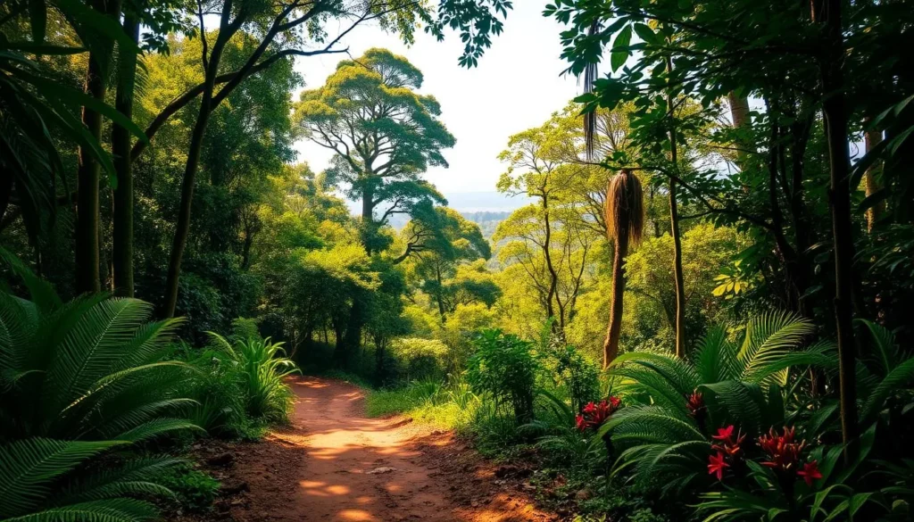 A lush, verdant rainforest in Puerto Maldonado, Peru, on a warm, sunny day. The canopy of towering, emerald-hued trees filters warm, golden sunlight, casting a soft, dappled glow across the forest floor. In the foreground, a winding, muddy trail leads deeper into the wilderness, flanked by vibrant ferns, lush vines, and colorful tropical blooms. In the middle ground, the silhouettes of exotic birds flit between the branches, their calls echoing through the tranquil air. The background reveals a distant, hazy horizon, where the rainforest merges seamlessly with the bright, azure sky.