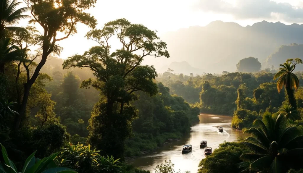 A lush, verdant rainforest landscape with towering, ancient trees and a winding river in the foreground. Sunlight filters through the canopy, casting a warm, golden glow over the scene. In the middle ground, small boats dot the river, carrying travelers exploring the Amazonian destinations. In the background, majestic mountains rise up, shrouded in mist. The atmosphere is serene and peaceful, capturing the natural beauty and tranquility of the region.