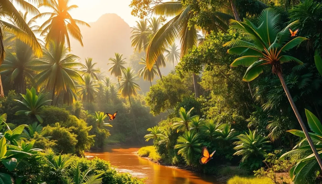 A lush, verdant rainforest with towering palm trees and vibrant, exotic foliage. Sunlight filters through the canopy, casting a warm, golden glow across the scene. In the foreground, a winding river winds its way through the landscape, its calm, reflective surface mirroring the surrounding flora. Colorful birds and butterflies flutter amidst the branches, adding to the sense of a thriving, biodiverse ecosystem. The overall atmosphere is one of tranquility and natural abundance, capturing the essence of Guyana's tropical climate.