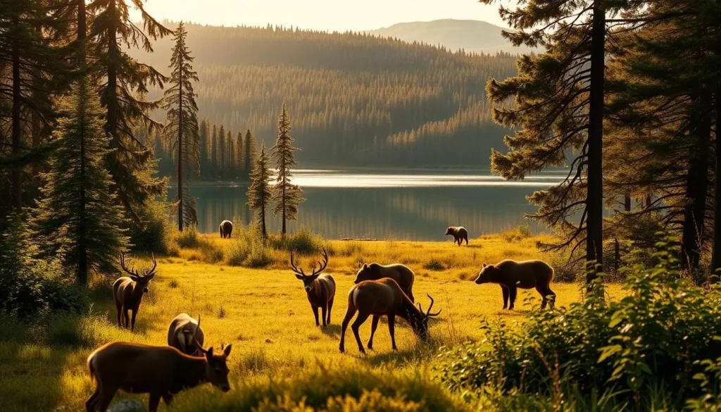 A lush, verdant scene in Norra Kvill National Park, Sweden. In the foreground, a family of red deer grazes peacefully, their antlers silhouetted against the dappled sunlight filtering through the canopy of towering pines. In the middle ground, a pair of brown bears forage for berries, their movements caught in a moment of natural grace. Beyond them, a crystal-clear lake reflects the surrounding hills and forests, creating a tranquil, mirror-like surface. The warm, golden tones of the afternoon sun imbue the entire landscape with a sense of tranquility and wonder, inviting the viewer to immerse themselves in the abundant wildlife of this pristine natural sanctuary.