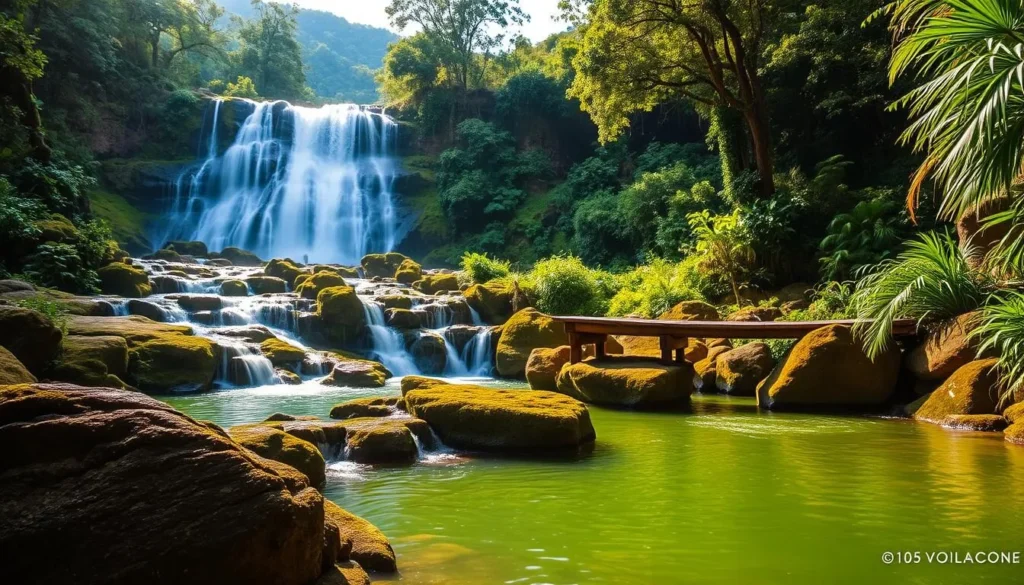 A lush, verdant scene of Cascada del Amor, a stunning waterfall nestled in the heart of Jardin, Colombia. The cascading waters tumble over rugged, moss-covered rocks, creating a serene and captivating display. In the foreground, a tranquil pool reflects the vibrant greens of the surrounding foliage, inviting visitors to bask in the calming atmosphere. The middle ground features a wooden bridge that spans the gently flowing Rio Volcanes, allowing for a closer view of the waterfall's majesty. In the background, verdant hills and towering trees create a picturesque backdrop, conveying a sense of lush, untamed natural beauty. Warm, diffused sunlight filters through the canopy, casting a golden glow over the scene and highlighting the cascading water's iridescent shimmer.