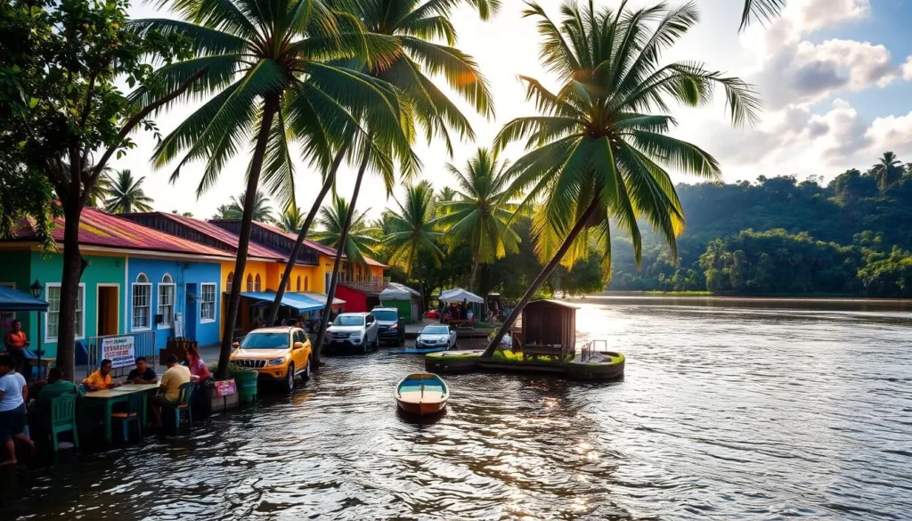 A lush, verdant town nestled along the banks of the Suriname River, Totness exudes a captivating, tropical charm. Capture the vibrant facades of colorful colonial-style buildings lining quaint streets, their hues reflecting in the calm, rippling waters. Sunlight dapples through the lush canopy of towering palm trees, casting a warm, golden glow over the scene. In the foreground, locals leisurely stroll or gather at outdoor cafes, immersed in the relaxed, unhurried pace of life. Beyond, the river winds through a lush, verdant landscape, inviting further exploration of this enchanting, hidden gem.