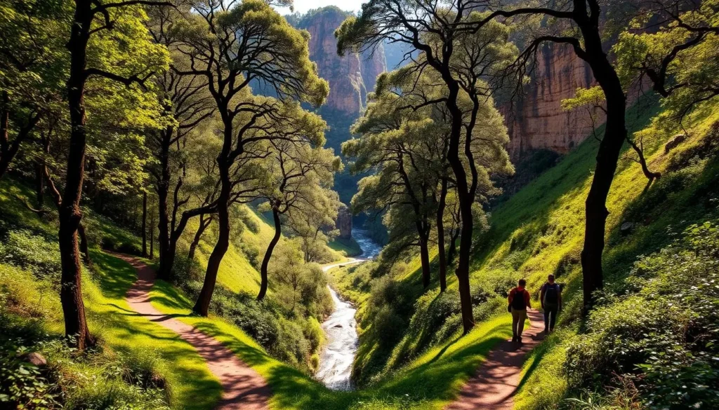 A lush, verdant trail winding through the heart of Furnas do Bom Jesus National Park, Brazil. Towering trees cast dappled shadows on the path, inviting hikers to explore the natural beauty. In the middle distance, a crystalline stream glistens, its gentle flow complementing the tranquil atmosphere. The background features rugged, weathered cliffs rising majestically, their craggy edges accentuated by warm, golden sunlight. Hikers in the foreground navigate the trail, their figures providing a sense of scale and adventure. The overall scene evokes a serene, immersive outdoor experience, capturing the essence of the top hiking trails in Furnas do Bom Jesus.