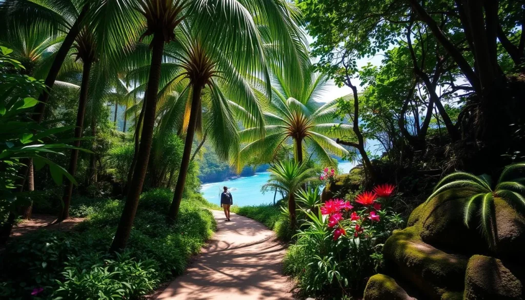 A lush, verdant trail winds through the serene Ilha do Farol, with towering palm trees casting gentle shadows. Sunlight filters through the canopy, illuminating the diverse flora - vibrant flowers, ferns, and moss-covered rocks. In the distance, the sound of a nearby waterfall echoes, inviting exploration. The path meanders through this tranquil, untamed landscape, offering glimpses of the azure ocean beyond. A serene, tranquil atmosphere pervades, as if time has slowed to a peaceful pace, allowing visitors to fully immerse themselves in the natural beauty of this Brazilian island paradise.