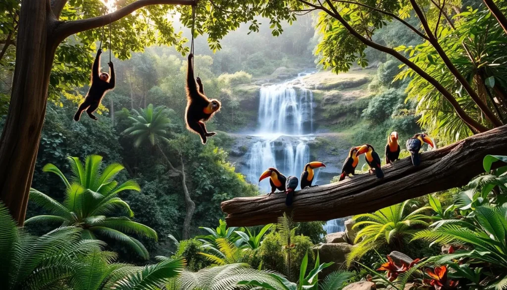A lush, verdant tropical landscape in Henri Pittier National Park, Venezuela. In the foreground, a family of howler monkeys swinging playfully from the branches of towering mahogany trees. In the middle ground, a group of colorful toucans perch on a fallen log, their vibrant beaks catching the warm afternoon sunlight. The background reveals a cascading waterfall tumbling over mossy rocks, surrounded by a diverse array of ferns, bromeliads, and other vibrant foliage. The scene is bathed in a soft, diffused natural light, creating a serene and tranquil atmosphere that captures the essence of the park's rich wildlife.