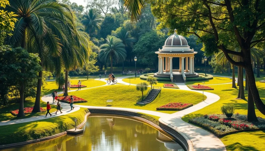 A lush, verdant urban oasis in the heart of Maracay, Venezuela, Juan Vicente Bolivar Park is a tranquil haven. Capture the sun-dappled pathways winding through verdant foliage, with towering palm trees and vibrant flower beds lining the scene. In the foreground, a serene pond reflects the surrounding greenery, with families strolling along the banks. In the middle ground, joggers and cyclists enjoy the well-maintained trails, while children play on the public playgrounds. The background showcases the park's architectural centerpiece, a grand, neoclassical gazebo adorned with intricate details. Bathe the entire scene in warm, golden light, conveying a sense of calm and natural beauty. Craft this image with a crisp, realistic photographic style, highlighting the park's role as an urban oasis amidst the bustling city.