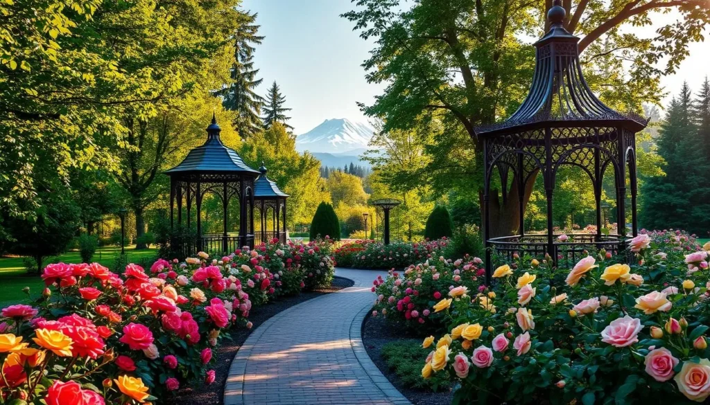 A lush, vibrant Portland Rose Garden on a sun-dappled summer day. Rows of blooming roses in a kaleidoscope of colors - deep reds, pastel pinks, sunny yellows - framed by verdant foliage. A winding brick path leads visitors through the tranquil garden, inviting exploration. Ornate iron gazebos and trellises dot the scene, casting gentle shadows. In the distance, the snow-capped peak of Mount Hood rises majestically. The atmosphere is serene, with a warm, golden light filtering through the trees, creating a peaceful, picturesque tableau.