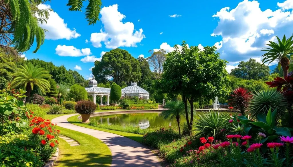 A lush, vibrant botanical garden on a sunny day. In the foreground, a winding path lined with colorful flowers and towering trees casts dappled shadows. Towards the middle, a serene pond reflects the azure sky and fluffy white clouds above. In the background, a greenhouse with intricate architecture stands amidst a variety of botanicals, their verdant leaves and blooms creating a naturalistic tapestry. The scene exudes a sense of tranquility and a celebration of the natural world, inviting visitors to immerse themselves in the beauty of this picturesque outdoor oasis.