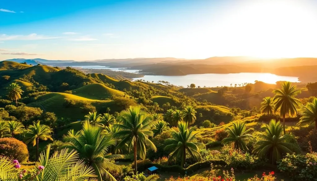 A lush, vibrant landscape of Colombia's diverse regions, showcasing the country's best months for a weather-savvy trip. In the foreground, a sun-dappled vista of rolling hills, dotted with verdant palm trees and vibrant flowers. In the middle ground, a tranquil lake reflects the azure sky, with distant mountains rising in the background. Warm, golden lighting illuminates the scene, creating a serene and inviting atmosphere. The composition emphasizes the natural beauty and varying climates of Colombia, encouraging the viewer to explore the country's distinct regions during their optimal visiting periods.