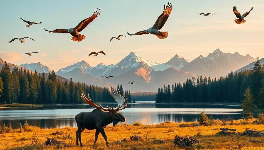 A lush, vibrant landscape of Urho Kekkonen National Park, Finland, showcasing the diverse wildlife. In the foreground, a majestic moose grazes peacefully, its antlers reaching skyward. Surrounding it, a variety of birds, including the iconic white-tailed eagle, soar gracefully through the warm, golden-hued sunlight. In the middle ground, a serene lake reflects the towering pine trees and rugged, snow-capped mountains in the distance, creating a breathtaking, tranquil scene. The overall atmosphere is one of awe-inspiring natural beauty, inviting the viewer to immerse themselves in the wonder of this Finnish wilderness.