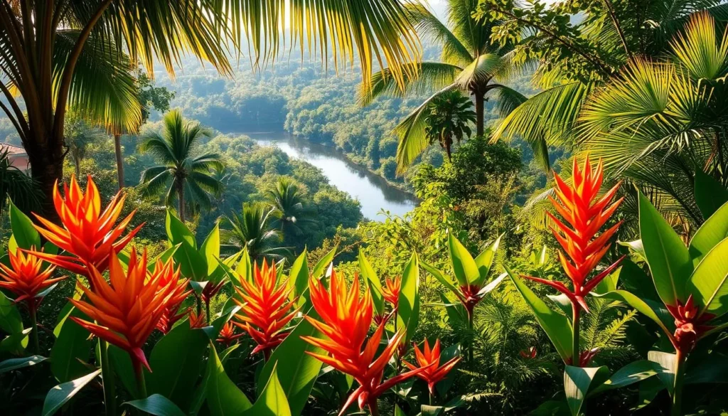 A lush, vibrant landscape of the Galibi region, Suriname. In the foreground, an array of exotic tropical flora unfurls its colorful petals and verdant leaves, bathed in warm, golden sunlight. The middle ground showcases a diverse tapestry of plant life, from towering palms to delicate ferns, creating a captivating visual symphony. In the background, a glimpse of the serene Marowijne River meanders through the verdant foliage, reflecting the tranquil beauty of this natural paradise. The overall scene emanates a sense of enchantment and wonder, inviting the viewer to immerse themselves in the unique and mesmerizing Galibi flora.