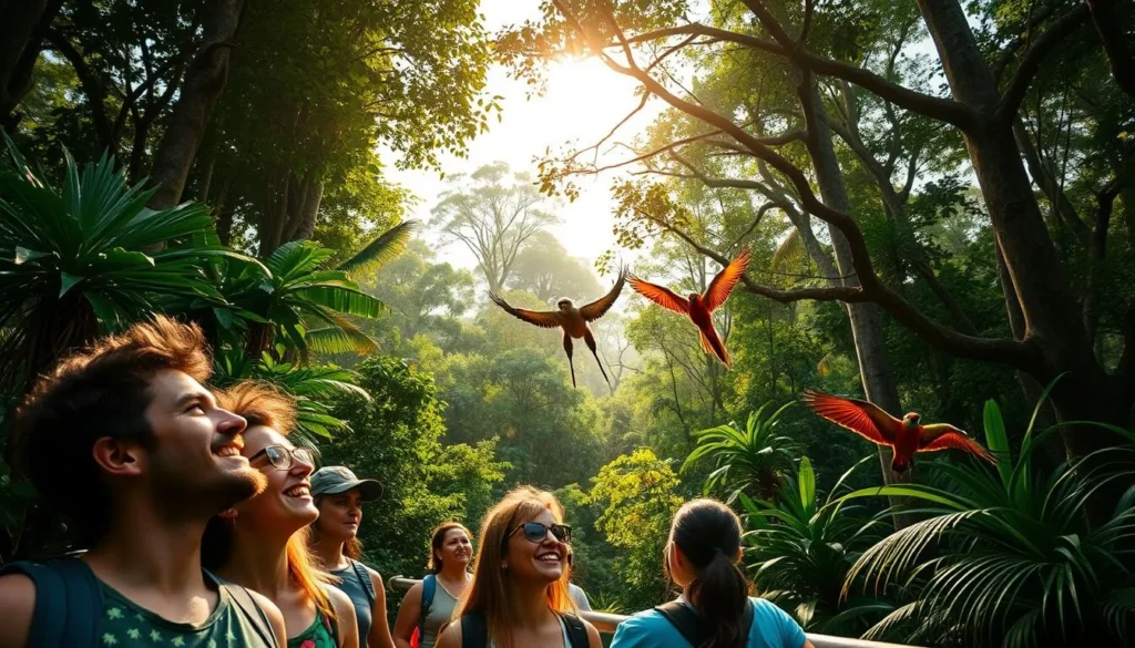 A lush, vibrant rainforest teeming with diverse wildlife. In the foreground, a group of adventurers embarking on a captivating wildlife tour, their faces alight with wonder as they observe the natural wonders around them. The middle ground showcases a variety of exotic animals, from colorful birds in flight to nimble primates swinging through the canopy. In the background, towering trees reach towards a brilliant, sun-dappled sky, casting a warm, serene glow over the entire scene. Crisp, high-resolution photography captures the essence of this thrilling eco-adventure in the heart of the lush, untamed Montsinery Tonnegrande region of French Guiana.