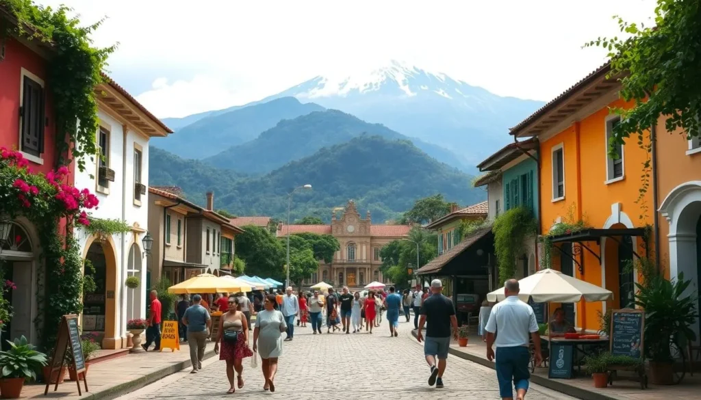 A lush, vibrant scene in the heart of Jardin, Colombia. In the foreground, a charming cobblestone street flanked by colorful colonial buildings, their facades adorned with flowers and vines. Locals stroll leisurely, pausing to admire the quaint shops and cafes. In the middle ground, a central plaza bustles with activity - vendors selling fresh produce, artisans showcasing their handcrafted wares, and families gathered to enjoy the warm, sunny day. Towering in the background, the emerald-green Andes mountains rise majestically, their peaks capped with snow. Soft, diffused lighting bathes the scene in a warm, inviting glow, creating a sense of serenity and timelessness. This idyllic snapshot captures the essence of Jardin's vibrant community and its breathtaking natural surroundings.