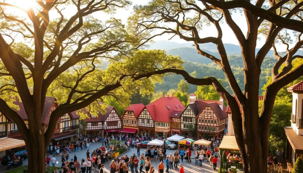 A lush, vibrant scene of Blumenau, Brazil, in the heart of the Santa Catarina state. In the foreground, a bustling town square teeming with locals and visitors, the air filled with the festive energy of a seasonal celebration. Towering oak trees frame the scene, their branches casting dappled shadows over the cobblestone streets. In the middle ground, traditional German-style architecture adorns the surrounding buildings, their vibrant colors and intricate details capturing the town's rich cultural heritage. The background features rolling hills and lush, verdant forests, hinting at the stunning natural landscapes that Blumenau is known for. Warm, golden sunlight bathes the entire scene, creating a inviting, cheerful atmosphere.