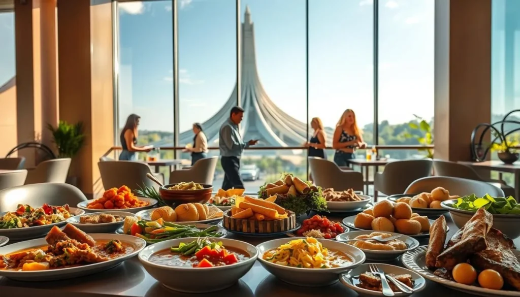 A lush, vibrant scene of Minas Gerais cuisine in Brasilia, Brazil. In the foreground, a table is set with an array of traditional dishes - hearty stews, savory pastries, and fresh vegetables. Soft natural light filters through large windows, casting a warm glow over the scene. In the middle ground, servers move gracefully, delivering plates to eager diners. The background features the signature architecture of Brasilia, sleek and modern. An atmosphere of conviviality and celebration pervades the space, inviting the viewer to experience the rich culinary heritage of Minas Gerais.