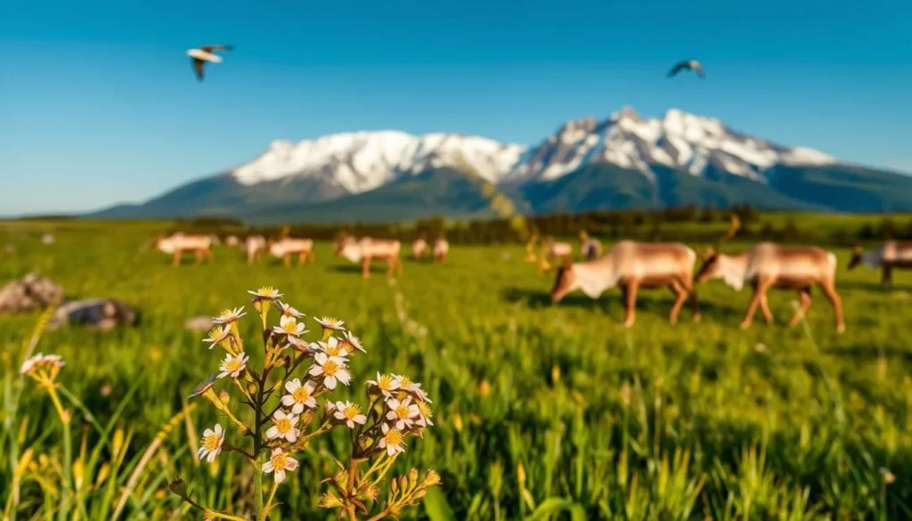 A lush, vibrant scene of Padjelanta National Park's diverse flora and fauna. In the foreground, a cluster of delicate wildflowers bloom, their petals softly illuminated by the warm afternoon sunlight. In the middle ground, a herd of reindeer graze peacefully, their fur glistening as they move through the verdant meadow. Behind them, a majestic mountain range rises, its snow-capped peaks cutting a striking silhouette against the azure sky. Overhead, birds soar effortlessly, their graceful movements adding to the serene atmosphere. The entire landscape is infused with a sense of tranquility and natural wonder, inviting the viewer to immerse themselves in the beauty of this Swedish wilderness.