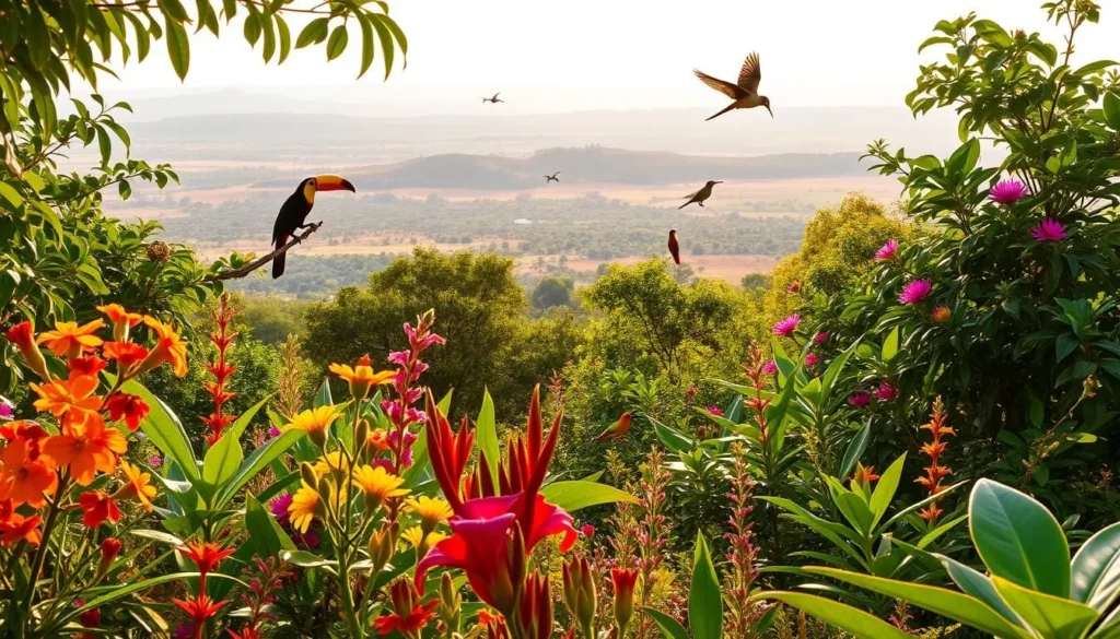 A lush, vibrant scene showcasing the biodiversity of Emas National Park, Brazil. In the foreground, a colorful array of tropical flowers and plants native to the Cerrado ecosystem sway gently in the warm breeze. In the middle ground, various species of birds - toucans, parrots, and hummingbirds - flutter and perch amidst the verdant foliage. The background reveals a panoramic view of the park's rolling hills and savannah-like landscapes, bathed in the golden glow of the afternoon sun. The lighting is soft and natural, creating a serene and inviting atmosphere that captures the essence of this unique and captivating environment.