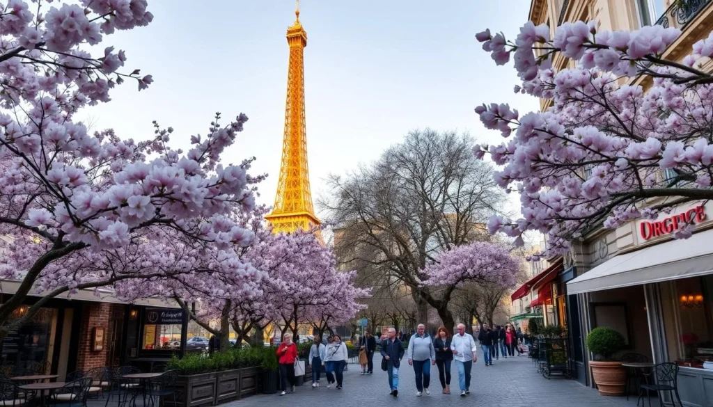 A lush, vibrant springtime scene in the heart of Paris. The iconic Eiffel Tower stands tall in the background, bathed in warm, golden light. In the foreground, a charming Parisian street is lined with blooming cherry blossom trees, their delicate pink petals gently swaying in the soft breeze. Quaint cafes and boutiques dot the scene, their wrought-iron tables and chairs inviting passersby to linger and soak in the relaxed atmosphere. Pedestrians stroll along the cobblestone streets, enjoying the mild weather and the picturesque Parisian ambiance. The overall mood is one of tranquility, romance, and the joy of the springtime season.