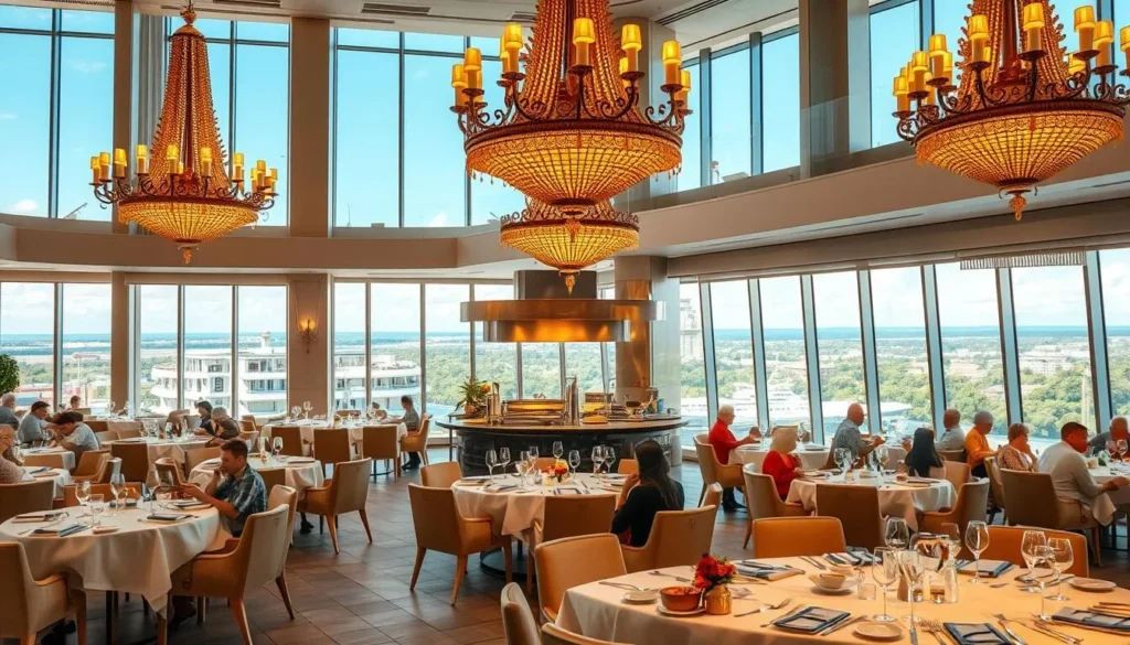 A luxurious seafood restaurant in Brasilia, Brazil, with a spacious, elegant interior bathed in warm, golden lighting from ornate chandeliers. Crisp white tablecloths and fine china set the stage for an impeccable dining experience. In the foreground, a table of diners savors their expertly prepared seafood dishes, while the middle ground reveals a bustling open kitchen where skilled chefs work their culinary magic. The background showcases the restaurant's stunning panoramic views of the city's modernist architecture and lush, verdant landscapes beyond the large windows.