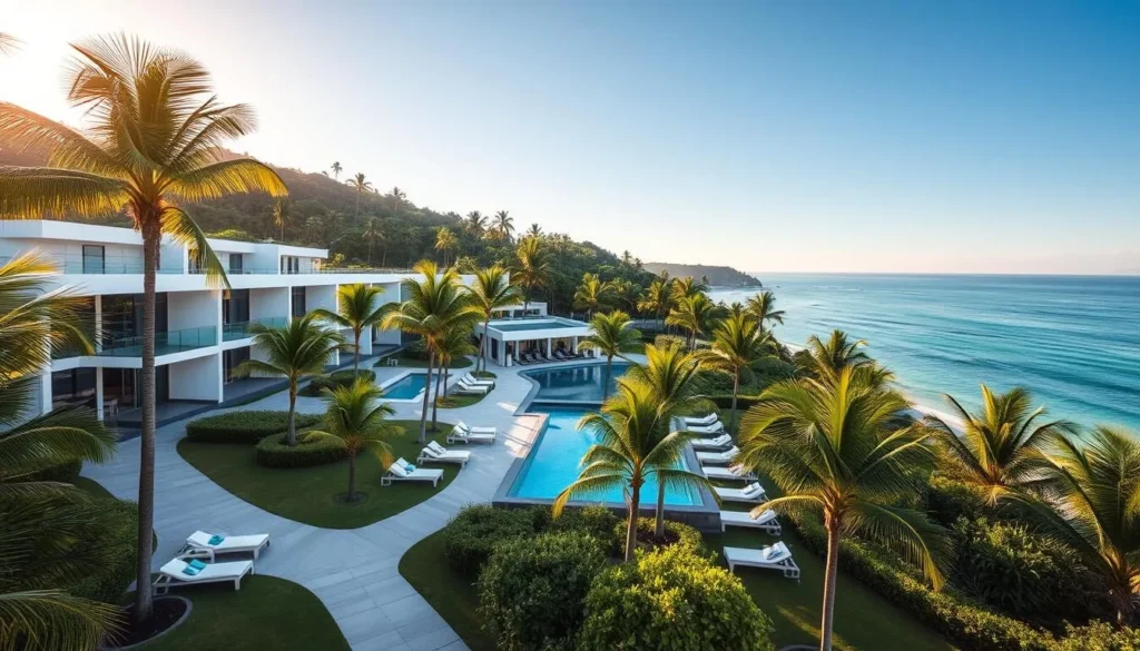 A luxurious seaside resort nestled amidst lush tropical foliage on the picturesque Ilha do Frances. Manicured grounds lead to a sprawling modern complex with sleek white facades and glass accents, overlooking a private sandy beach and turquoise waters. The resort's infinity pool reflects the clear sky, while guests relax on plush sun loungers under shady palm trees. Warm sunlight filters through the leaves, creating a serene, tranquil atmosphere. A blend of contemporary architecture and natural beauty, inviting visitors to unwind in the lap of coastal luxury.