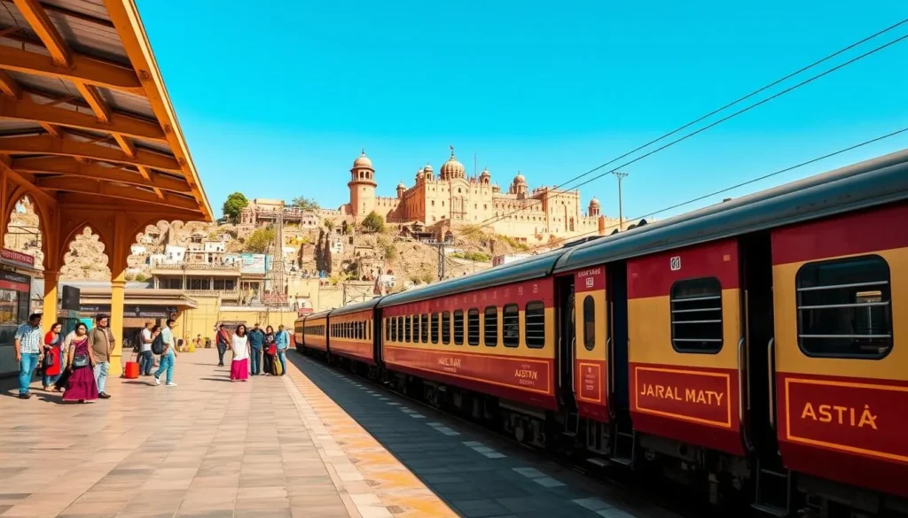 A luxury train arriving at Jaisalmer railway station with the golden fort visible in the background A luxury train arriving at Jaisalmer railway station with the golden fort visible in the background