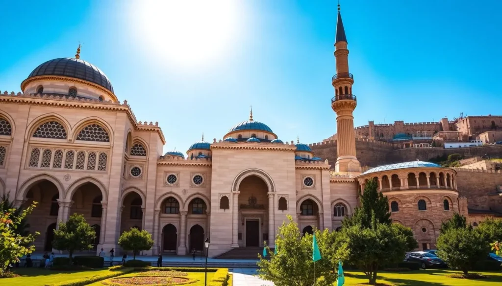 A magnificent Islamic architectural masterpiece, the Al-Jazzar Mosque in Akko, Israel, stands proudly against a clear blue sky. The sun's warm glow illuminates the intricate facade, with its striking domes, graceful arches, and ornate patterns carved into the limestone. In the foreground, a lush courtyard invites visitors to pause and admire the serene atmosphere. The middle ground features the main prayer hall, its towering minaret casting a long shadow across the scene. In the background, the historic walls of Akko's Old City create a picturesque backdrop, hinting at the vibrant history and culture that permeates this enchanting location. This image captures the grandeur and timeless elegance of the Al-Jazzar Mosque, a must-see attraction for any visitor to Akko.