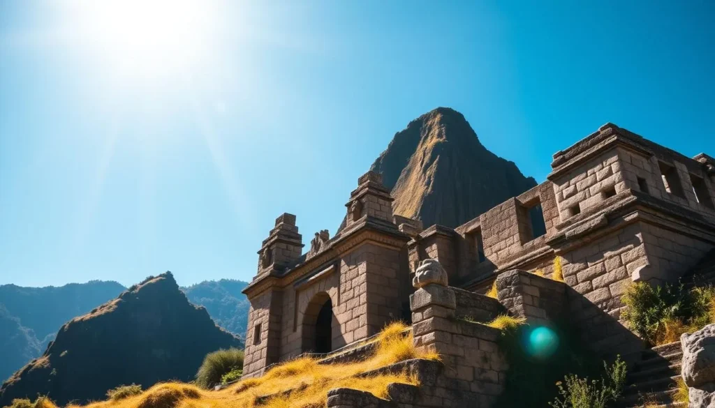 A magnificent ancient Inca temple nestled within the stunning Machu Picchu citadel, the Temple of the Condor stands tall against a clear blue sky. The intricate stone carvings and structures create an awe-inspiring scene, with the iconic condor motif taking center stage. Sunlight filters through the surrounding lush vegetation, casting warm, golden tones across the weathered ruins. The overall atmosphere evokes a sense of reverence and history, inviting the viewer to step back in time and immerse themselves in the architectural marvel that is Machu Picchu.