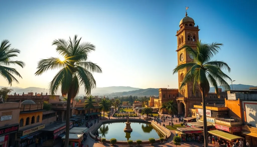 A magnificent clock tower stands tall in the historic city of Ajmer, Rajasthan. The grand structure, adorned with intricate architectural details, dominates the skyline. Warm sunlight filters through the arched windows, casting a golden glow on the sandstone facade. In the foreground, bustling local markets and vibrant shops add to the lively atmosphere. Towering palm trees sway gently, framing the scene. The middle ground features a picturesque pond, its still waters reflecting the clock tower's impressive silhouette. In the distance, rolling hills and a clear blue sky complete the idyllic landscape. Capture the timeless essence of Ajmer's historical landmarks in a breathtaking, high-resolution image.