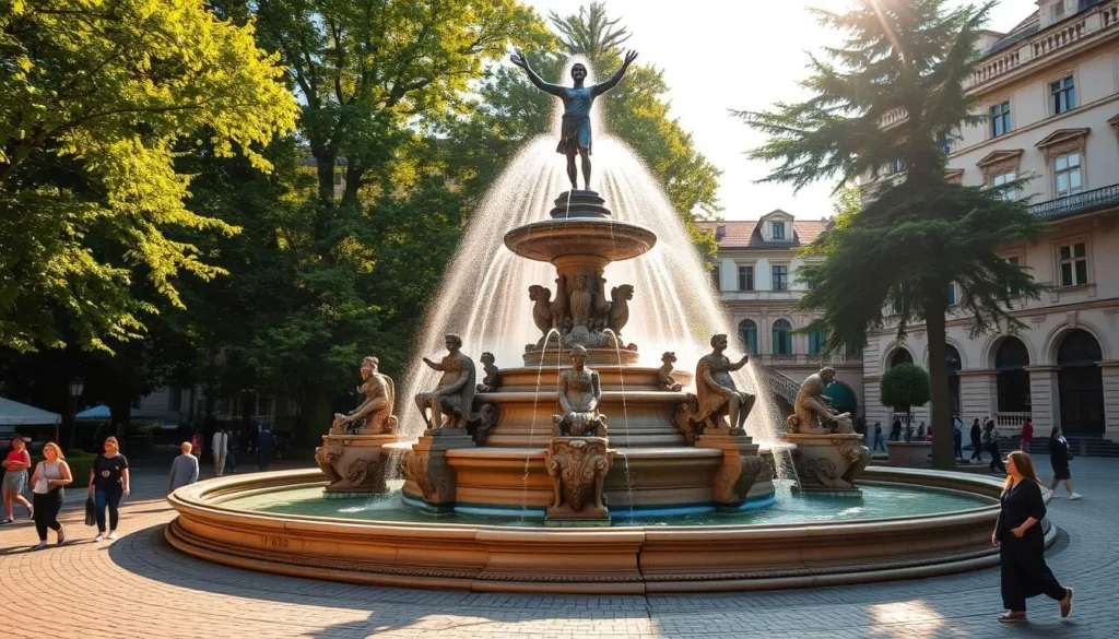 A magnificent, ornate fountain in the heart of Marianske Lazne, Czechia, surrounded by lush greenery and elegant architecture. The central bronze figure stands tall, water cascading gracefully from its outstretched arms. Intricate stone carvings and statues adorn the fountain's tiered levels, creating a visually captivating display. Warm, golden sunlight filters through the trees, casting a serene glow over the scene. Passersby stroll along the cobblestone pathways, taking in the fountain's enchanting performance. The overall atmosphere exudes the refined elegance and natural beauty that epitomize this renowned spa town.