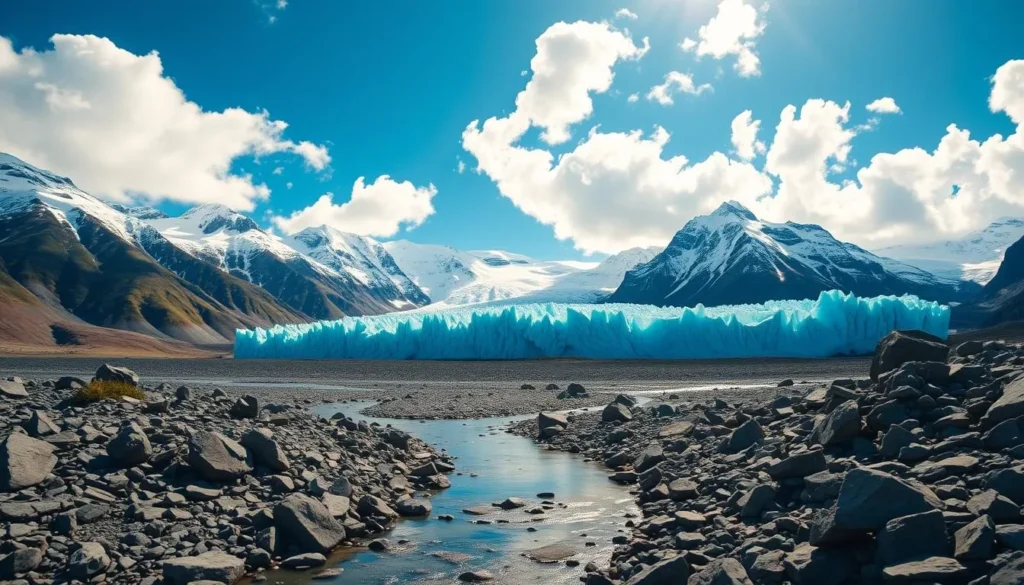 A magnificent, sweeping vista of the majestic Athabasca Glacier in the Canadian Rockies. In the foreground, a crystal-clear stream winds through the rocky terrain, its waters reflecting the towering, snow-capped peaks. The middle ground is dominated by the glacier's dramatic, blue-tinged ice formations, sculpted by the elements. In the background, a brilliant azure sky dotted with fluffy white clouds, creating a sense of tranquility and wonder. The lighting is warm and golden, capturing the natural beauty of this awe-inspiring landscape. Shot with a wide-angle lens to emphasize the grandeur of the scene, this photograph invites the viewer to step into the serene, ethereal world of the Athabasca Glacier.