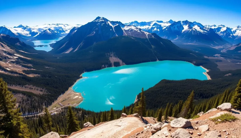 A magnificent vista of the serene Peyto Lake, nestled amidst the majestic Canadian Rockies. Capture the stunning turquoise waters reflecting the snow-capped peaks in the distance, bathed in the warm glow of a sunny day. Compose the scene with the iconic viewpoint in the foreground, showcasing the breathtaking landscape. Utilize a wide-angle lens to encompass the vast expanse of the mountains, forests, and the captivating lake. Convey the tranquil, awe-inspiring atmosphere that envelops this natural wonder, inviting the viewer to explore and immerse themselves in the splendor of this "Jewel of the Canadian Rockies".