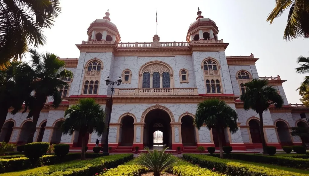 A majestic Panipat Museum stands tall, its grand architecture a testament to the city's rich history. Sunlight filters through the ornate windows, casting a warm glow on the intricate marble facade. In the foreground, a well-tended garden frames the entrance, inviting visitors to explore the treasure trove of artifacts within. The museum's towering domes and arched doorways evoke a sense of timelessness, hinting at the captivating stories and artifacts that await discovery. A serene atmosphere pervades the scene, setting the stage for a captivating journey through Panipat's illustrious past.