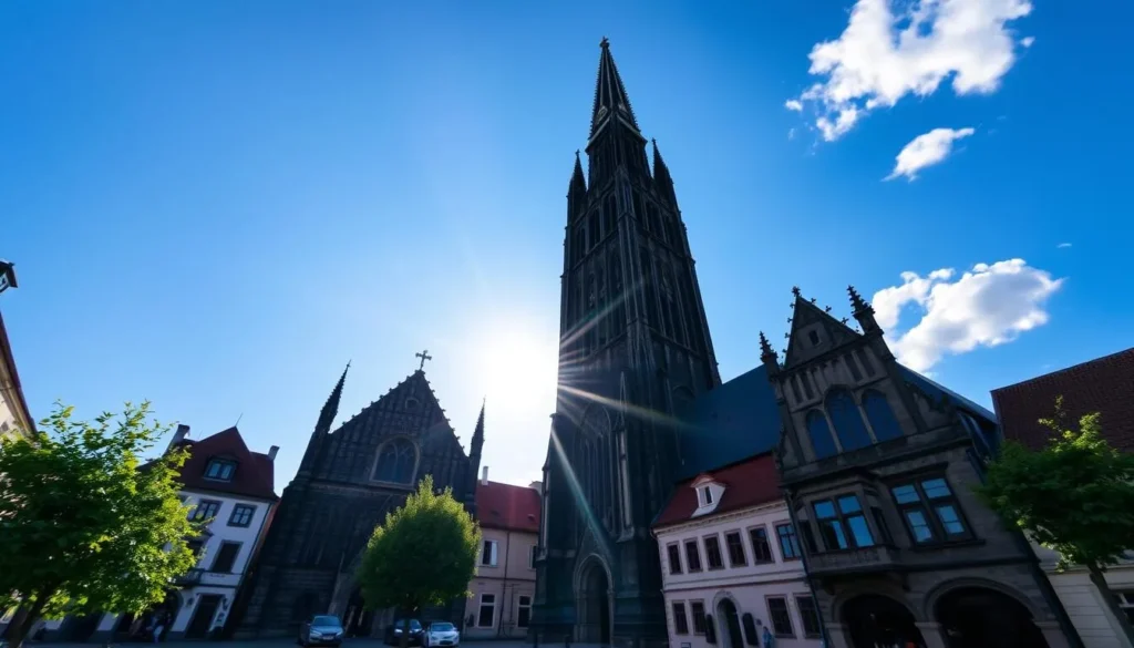 A majestic black stone tower reaching skyward, its sharp spires and gothic architecture casting long shadows across the historic square of Ceska Budejovice. Sunlight filters through the ornate windows, illuminating the intricate carvings and details. In the foreground, cobblestone streets and quaint buildings create a charming, old-world atmosphere. Lush greenery and a clear blue sky frame the tower, inviting the viewer to ascend and take in the panoramic vistas of the picturesque city below.