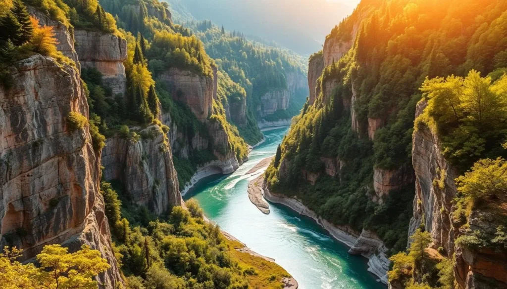 A majestic canyon carved by the winding Vydra River, its emerald waters flowing between towering cliffs of grey and ochre stone. Lush, verdant forests cling to the slopes, their canopy of deep greens casting dancing shadows on the river below. Warm, golden sunlight filters through the leaves, illuminating the scene with a serene, natural glow. Capture the tranquil beauty of this enchanting Bohemian landscape, the Vydra River carving its way through the heart of the Sumava Mountains.