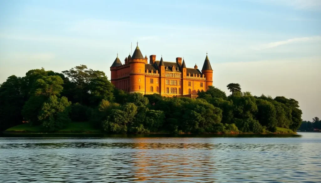 A majestic castle rising from the lush greenery of Brownsea Island, its reddish-brown stone walls bathed in the warm glow of the afternoon sun. Turrets and towers reaching skyward, their pointed roofs reflecting the light. In the foreground, a serene lake with gentle ripples, mirroring the castle's grandeur. The scene exudes a sense of timeless elegance and historical significance, inviting the viewer to step back in time and imagine the rich stories this iconic structure has witnessed over the centuries.