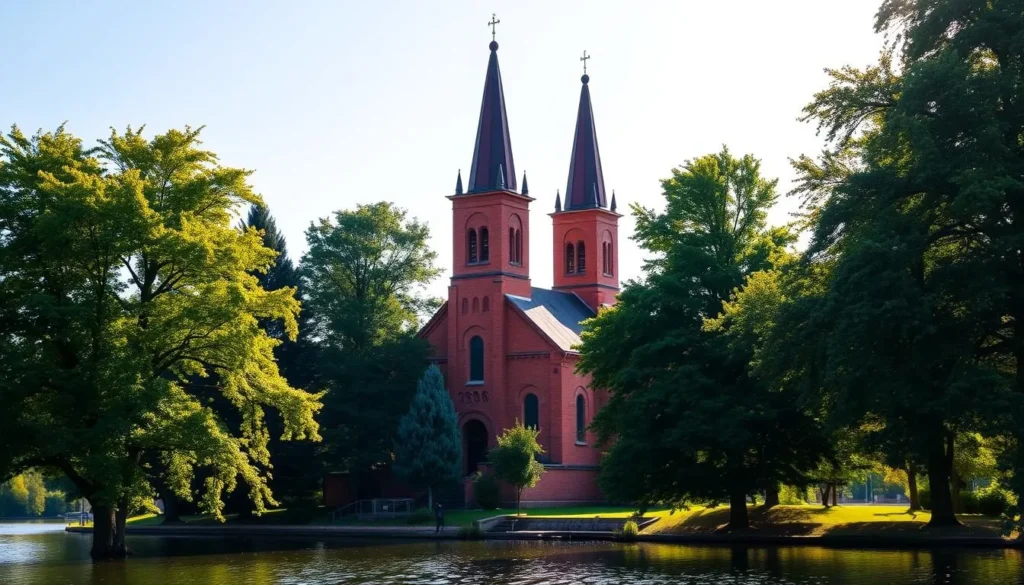A majestic church with distinctive red brick architecture stands tall, its spires reaching towards the sky in the picturesque town of Trakai, Lithuania. The structure is framed by lush green trees and the shimmering waters of the nearby lake, creating a serene and tranquil atmosphere. Soft, warm sunlight bathes the scene, casting gentle shadows and highlighting the intricate details of the building's facade. The image conveys a sense of timeless beauty and the rich cultural heritage of this historic Lithuanian destination, making it the perfect visual representation for the "Religious Sites in Trakai" section of the article.