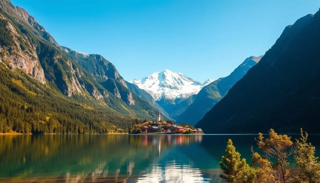 A majestic fjord landscape in Nordland County, Norway, on a sunny day. In the foreground, a crystal-clear lake reflects the towering mountains and lush, green forests surrounding it. The middle ground features a picturesque village nestled between the fjords, with traditional Norwegian architecture and colorful houses. In the background, snow-capped peaks pierce the azure sky, their rugged beauty accentuated by the warm, golden light. The scene exudes a sense of tranquility and harmony, capturing the natural splendor that defines the best of Nordland County.