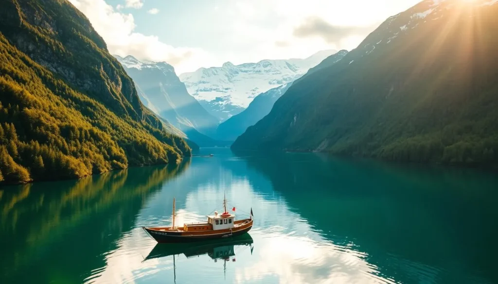 A majestic fjord landscape in Tysfjord National Park, Norway. Towering, snow-capped mountains frame the serene, turquoise waters of the fjord. Lush, verdant forests cascade down the steep cliffs, reflecting in the calm surface. Warm, golden sunlight filters through wispy clouds, casting a soft glow over the scene. A small, traditional Norwegian boat floats peacefully in the foreground, capturing the tranquil essence of this natural wonder. The whole composition evokes a sense of awe and tranquility, perfectly capturing the essence of "Discovering Tysfjord National Park".