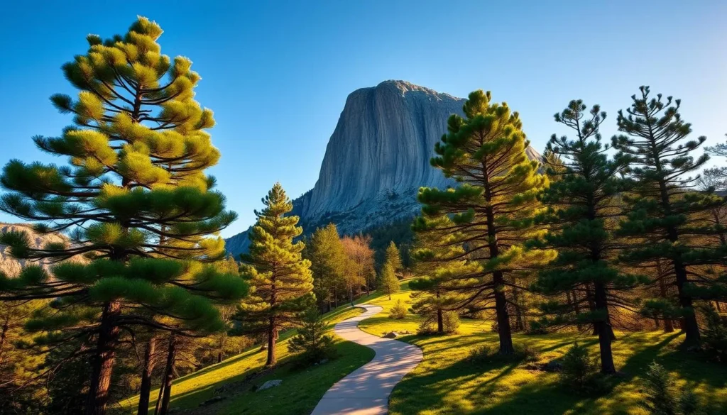 A majestic granite monolith rises against a clear blue sky, casting a dramatic shadow over the lush, verdant landscape of Chimney Rock State Park. Towering pine trees dot the rolling hills, their branches swaying gently in the breeze. In the foreground, a winding trail leads visitors towards the base of the iconic Chimney Rock, its ancient, weathered face a testament to the region's rich geological history. Warm, golden sunlight filters through the trees, illuminating the scene with a sense of timeless serenity. The overall atmosphere evokes a profound connection to the natural world, inviting exploration and contemplation of the park's storied past.