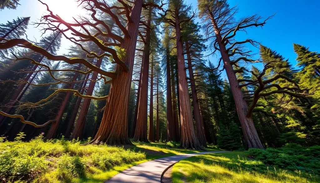 A majestic grove of ancient cedar trees towers over the lush, verdant landscape of Bella Coola. Sunlight filters through the dense canopy, casting a warm, golden glow across the weathered, rust-colored trunks. The trees' twisted, gnarled branches reach skyward, their mossy limbs creating intricate patterns against the clear blue sky. In the foreground, a well-worn path winds through the forest, inviting the viewer to explore and marvel at these towering, centuries-old giants. The scene exudes a serene, timeless atmosphere, transporting the observer to a realm where nature's grandeur reigns supreme.