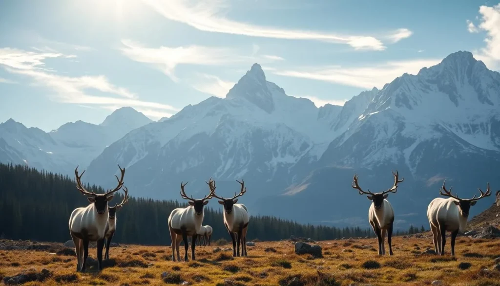 A majestic herd of reindeer grazing against the stunning backdrop of snow-capped Norwegian mountains. Sunlight filters through wispy clouds, casting a warm, golden glow across the rugged landscape. In the foreground, the reindeer stand alert, their antlers silhouetted against the dramatic peaks. The middle ground features a mix of evergreen forests and rocky outcroppings, leading the eye towards the distant, jagged mountain range. The overall scene conveys a sense of serene wilderness, showcasing the natural wonders and wildlife of this awe-inspiring region.