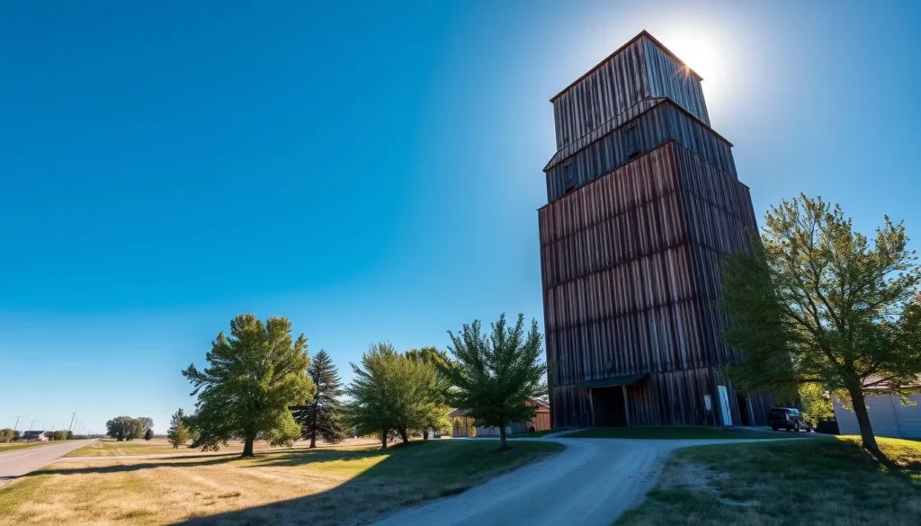 A majestic, historic grain elevator stands tall against a clear blue sky, its towering silhouette casting a weathered shadow over the quiet streets of Sexsmith, Alberta. The sun's warm glow illuminates the weathered wooden panels and metal accents, giving the structure an air of timeless grandeur. In the foreground, a well-maintained dirt path leads visitors towards the elevator, inviting them to explore this cherished piece of local history. The surrounding landscape is dotted with lush, verdant trees, adding to the peaceful, rural atmosphere. Capture the essence of Sexsmith's past with this stunning, high-resolution photograph of a classic Canadian grain elevator.