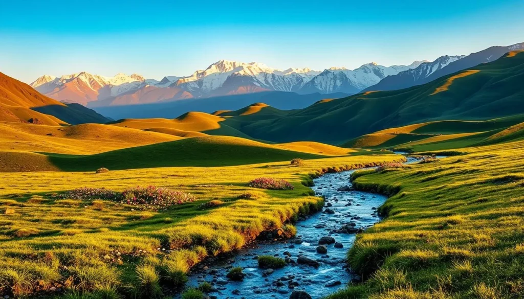 A majestic landscape in Jammu and Kashmir, featuring the towering Himalayan peaks in the background, with lush green meadows and sparkling streams in the foreground. The scene is bathed in warm, golden sunlight, creating a serene and picturesque atmosphere. In the middle ground, there are clusters of colorful wildflowers and snow-capped mountain ridges, casting long shadows across the rolling hills. The composition draws the viewer's eye towards the distant, snow-covered summits, creating a sense of depth and grandeur. The image should capture the breathtaking natural beauty and the tranquil ambiance of this captivating region.