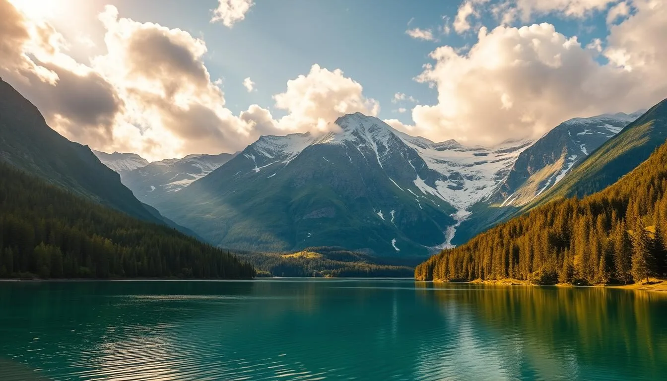 A majestic landscape in Jotunheimen National Park, Norway. The foreground features a serene mountain lake, its crystal-clear waters reflecting the towering peaks in the distance. Lush, verdant forests line the shores, their vibrant greens contrasting with the rugged, snow-capped mountains that rise up in the background. Warm, golden sunlight filters through the clouds, casting a glowing, ethereal light over the entire scene. The mood is one of tranquility and awe-inspiring natural beauty, capturing the essence of this stunning Norwegian wilderness.