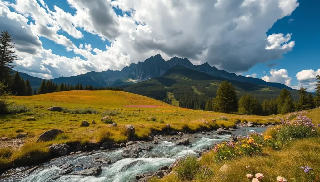 A majestic landscape in Krkonose National Park, Czechia, with towering peaks and lush green forests. In the foreground, a crystal-clear mountain stream meanders through the valley, its waters sparkling in the warm sunlight. The middle ground features a rolling meadow dotted with vibrant wildflowers, leading up to the imposing mountain range in the background. Dramatic clouds drift overhead, casting dynamic shadows across the scene. Capture the essence of this natural wonder, showcasing the rugged beauty and tranquility of the Czech countryside.