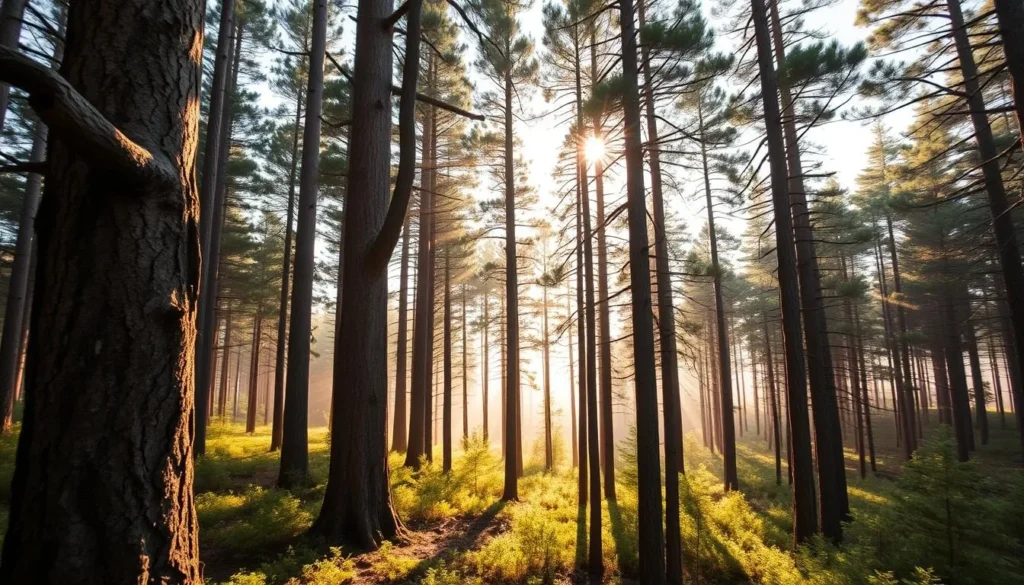 A majestic landscape in Norra Kvill National Park, Sweden, showcasing the ancient, towering pine trees that have stood for centuries. The sunlight filters through the dense canopy, casting a warm, golden glow across the forest floor. In the foreground, the twisted, gnarled trunks of the pines stand tall, their bark weathered by time. The middle ground reveals a lush, verdant undergrowth, while the background fades into a hazy, atmospheric distance. The overall scene evokes a sense of timelessness and tranquility, capturing the essence of this natural wonder. Capture this serene and awe-inspiring moment with a wide-angle lens, creating a sweeping, panoramic image that immerses the viewer in the grandeur of Norra Kvill's ancient pine forest.