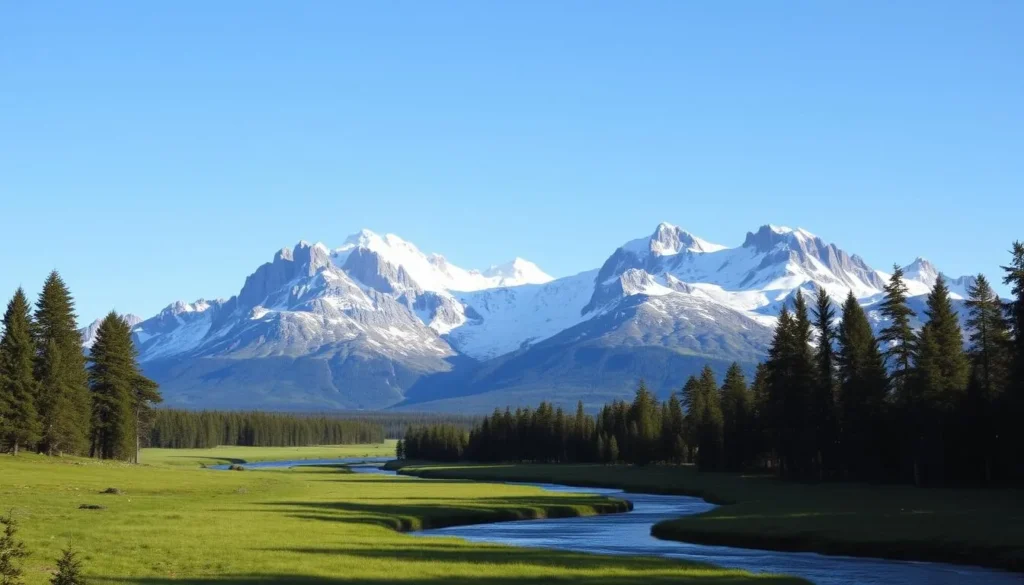 A majestic landscape in Sweden's Lapland region, with the Laktatjakka Mountains rising stunningly against a clear, azure sky. In the foreground, a winding river cuts through lush, verdant meadows, flanked by towering pine and birch trees. The mid-ground is dominated by the rugged, snow-capped peaks, their jagged silhouettes casting dramatic shadows across the scene. The lighting is soft and diffused, creating a serene, peaceful atmosphere. Utilize a wide-angle lens to capture the grandeur of the setting, framing the mountains with a sense of depth and scale. Convey the tranquil, awe-inspiring mood of this pristine, Nordic landscape.